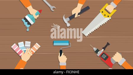 Carpenter strumenti strumento di costruzione di riparare le mani vide un cacciavite piatto illustrazione Illustrazione Vettoriale