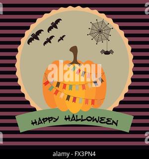 Scheda di Halloween con la zucca, spider, pipistrelli, nastri e testo. Illustrazione Vettoriale