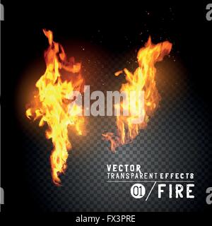 Vettore di realistiche fiamme di fuoco. Trasparente effetti vettoriali. Le fiamme con la formazione di scintille. Illustrazione Vettoriale. Illustrazione Vettoriale