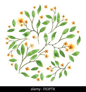 Vettore floreali acquerello. Foglie e rami con fiori arancione. Illustrazione Vettoriale Illustrazione Vettoriale