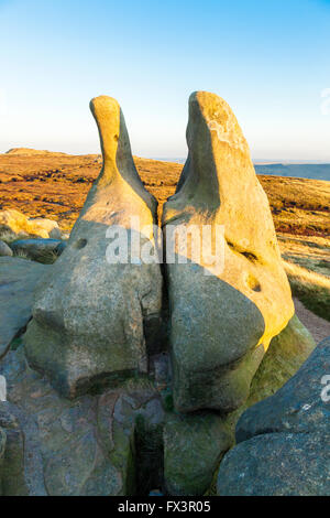 Weathered rocks. Gritstone inusuali forme di roccia in tarda serata luce di autunno. Kinder Scout, Derbyshire, Peak District, England, Regno Unito Foto Stock