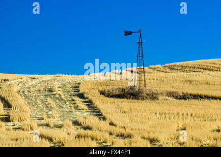 Rotto il mulino a vento di metallo una volta utilizzati per pompare acqua su una fattoria di grano in Eastern Washington Foto Stock