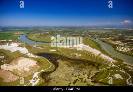 Vista aerea, Petit-Rhone, poco prima della foce del Mediterraneo, meandro, Camargue,Saintes-Maries-de-la-Mer Francia Provenza Foto Stock