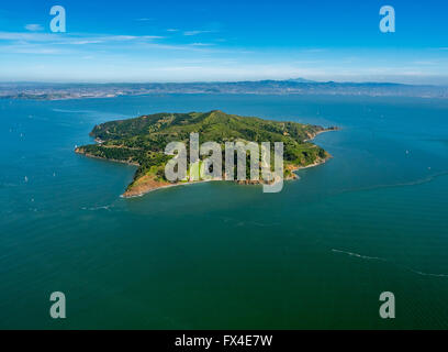 Vista aerea, pesca Islanda, Ayala Cove, auto-free isola nella parte anteriore del Belvedere Tiburon, Area della Baia di San Francisco, Stati Uniti Foto Stock