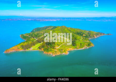 Vista aerea, pesca Islanda, Ayala Cove, auto-free isola nella parte anteriore del Belvedere Tiburon, Area della Baia di San Francisco, Stati Uniti Foto Stock