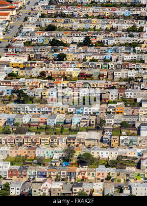 Vista aerea, serie viva, casa di serie, Doelger City, esterno al tramonto, West di San Francisco, file di case di San Francisco Bay Foto Stock