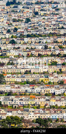 Vista aerea, serie viva, casa di serie, Doelger City, esterno al tramonto, West di San Francisco, file di case di San Francisco Bay Foto Stock