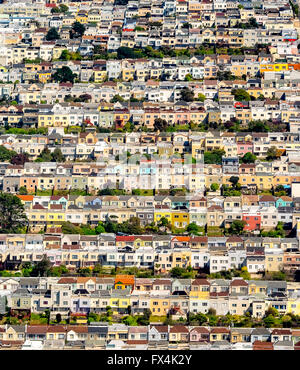 Vista aerea, serie viva, casa di serie, Doelger City, esterno al tramonto, West di San Francisco, file di case di San Francisco Bay Foto Stock