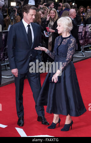 Londra, Regno Unito. 11 Aprile, 2016. UK premiere di occhio nel cielo il 11/04/2016 a Curzon Mayfair, Londra. Nella foto: Helen Mirren, Colin Firth. Credito: Julie Edwards/Alamy Live News Foto Stock