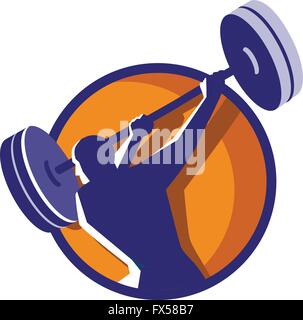 Illustrazione di un atleta oscillante sollevamento barbell guardando al lato visto dalla parte posteriore impostato all'interno del cerchio su sfondo isolato fatto in stile retrò. Illustrazione Vettoriale