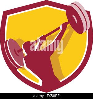 Illustrazione di un atleta oscillante sollevamento barbell guardando al lato visto dalla parte posteriore impostato all'interno della protezione cresta su sfondo isolato fatto in stile retrò. Illustrazione Vettoriale