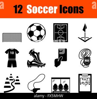 Set di dodici soccer icone nere. Illustrazione Vettoriale. Illustrazione Vettoriale