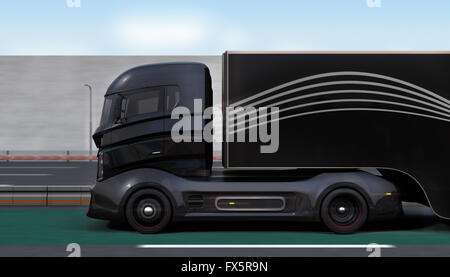 Vista laterale del nero Carrello ibrido guida su autostrada. Il rendering 3D'immagine. Foto Stock