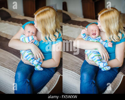 La madre mantiene un ragazzino nelle sue braccia, collage con diverse emozioni baby Foto Stock