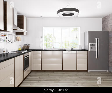 Interno della moderna cucina, frigo,lavastoviglie,forno 3d rendering Foto Stock