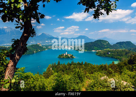 Vista panoramica del lago di Bled, Slovenia, Europa Foto Stock