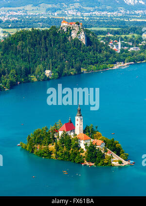 Vista panoramica del lago di Bled, Slovenia, Europa Foto Stock