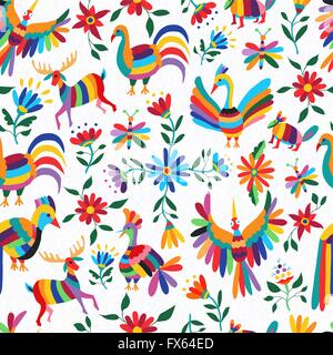 Tradizionale arte messicana sfondo, seamless pattern colorati di animali selvatici e in primavera i fiori. EPS10 vettore. Illustrazione Vettoriale