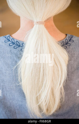 Vista posteriore della coda di cavallo di capelli grigi di donna caucasica Foto Stock