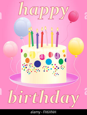 Una illustrazione di un felice compleanno card con un colorato celebrazione torta e candele con palloncini su uno sfondo rosa Foto Stock