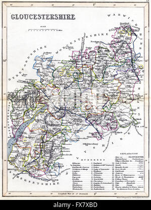 Una vecchia mappa colorata del Gloucestershire UK scansionata ad alta risoluzione da un libro stampato intorno al 1845. Creduto libero di copyright. Foto Stock