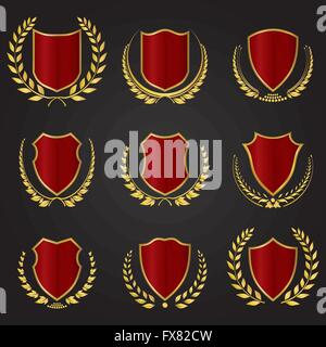 Raccolta di protezioni rosso con stili diversi di corona di alloro con tono dorato Illustrazione Vettoriale