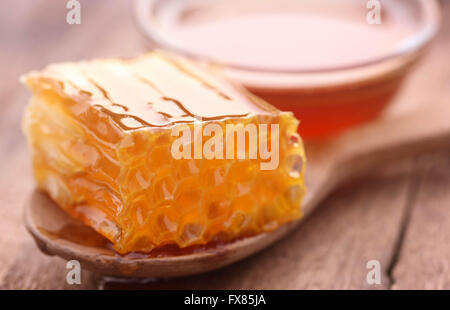 Vista dettagliata del nido in un cucchiaio di legno Foto Stock