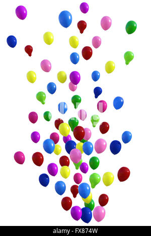 Gruppo isolato di palloncini galleggianti multicolore che volano per festeggiare l'anniversario, rendering 3D su sfondo bianco Foto Stock