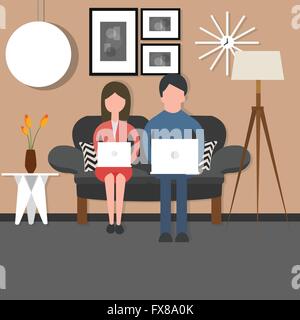 Donna Uomo giovane bussy lavorando su laptop seduta poltrona lettino soggiorno Illustrazione Vettoriale