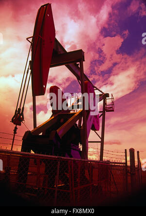 Campo dell'olio pumpjack, martinetto della pompa olio di pompaggio dal suolo Foto Stock