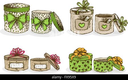 Aprire e chiudere le scatole hat con arredamento Illustrazione Vettoriale