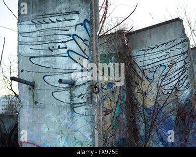 Le vecchie parti del muro con graffiti su di esso sono visibili presso il Memoriale del Muro di Berlino a Berlino in Bernauer Straße su Dicembre, 30, 2015. Gli artisti spesso dipinto protestare foto sul lato occidentale del Muro di Berlino. Foto: Wolfram Steinberg/dpa Foto Stock