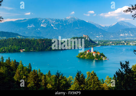 Vista panoramica del lago di Bled, Slovenia, Europa Foto Stock