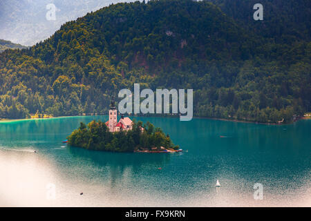 Vista panoramica del lago di Bled, Slovenia, Europa Foto Stock