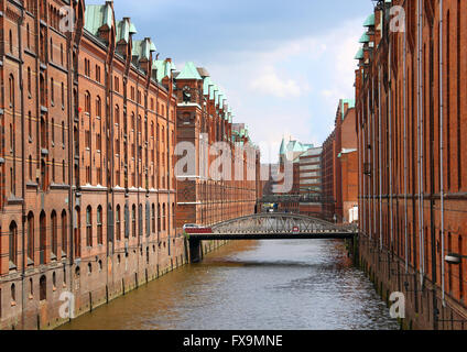 Speicherstadt, grande magazzino distretto di Amburgo, Germania Foto Stock