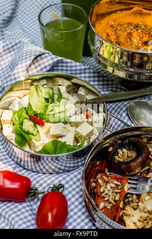 Arrosto di verdure, carota hummus, e tofu con erbe in acciaio il pranzo nelle caselle sulla coperta picnic Foto Stock