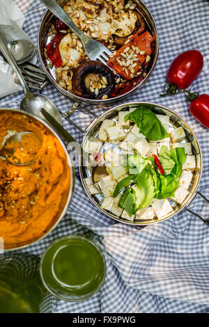 Arrosto di verdure, carota hummus, e tofu con erbe in acciaio il pranzo nelle caselle sulla coperta picnic. Vista superiore Foto Stock