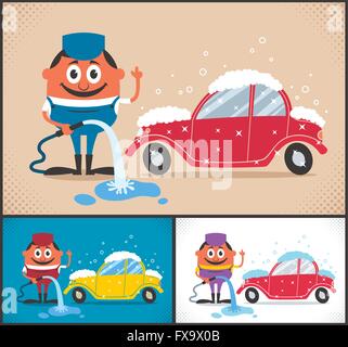 Personaggio dei fumetti auto lavaggio. L'illustrazione è disponibile in 3 diverse versioni di colore. Nessuna trasparenza e gradienti utilizzati. Illustrazione Vettoriale