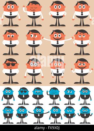 Imprenditore retrò carattere in 12 diverse emozioni, ciascuno in 2 versioni. Illustrazione Vettoriale