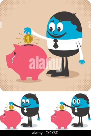 Uomo di risparmio di denaro nel salvadanaio. Illustrazione Vettoriale