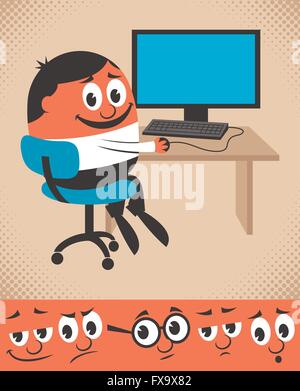 Personaggio dei fumetti lavorando sul computer desktop. È possibile modificare il suo volto, espressione di prelievo dal 5 volti aggiuntivi di seguito. Th Illustrazione Vettoriale