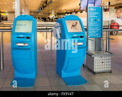 KLM self-service verifica in macchine presso l'aeroporto Schiphol di Amsterdam nei Paesi Bassi Foto Stock