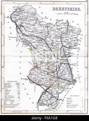 Una vecchia mappa colorata del Derbyshire scansionati ad alta risoluzione da un libro stampato intorno al 1850. Ritiene copyright free. Foto Stock