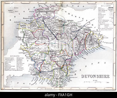 Una vecchia mappa colorata di Devonshire scansionati ad alta risoluzione da un libro stampato intorno al 1850. Questa immagine è creduto di essere libero Foto Stock