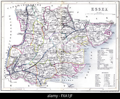 Una vecchia mappa colorata della contea di Essex, Inghilterra UK scansionata ad alta risoluzione da un libro stampato intorno al 1850. Creduto esente da copyright. Foto Stock