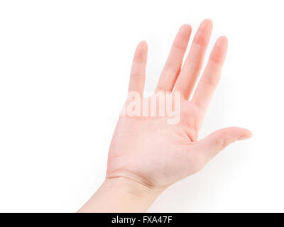 Prospettiva in prima persona di aprire a mano donna isolato su bianco con tracciato di ritaglio Foto Stock