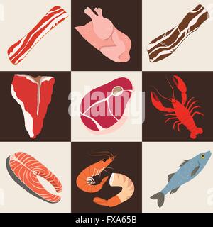Pesce e piatti a base di carne le icone Illustrazione Vettoriale