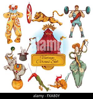 Circus vintage icone colorate impostato Illustrazione Vettoriale