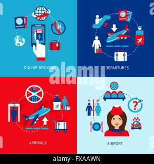 Aeroporto icone set piatto Illustrazione Vettoriale