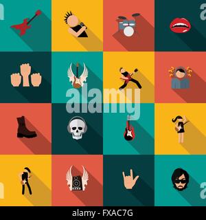 La musica rock icone flat Illustrazione Vettoriale